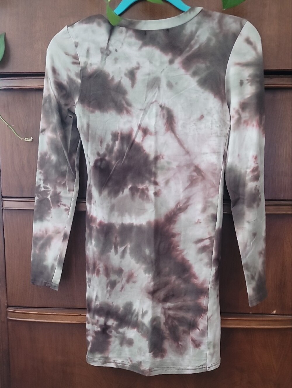 NWOT Forever 21 Women's Long Sleeve Tie-Dye Mini Bodycon Dress in Olive & Brown - Picture 4 of 8